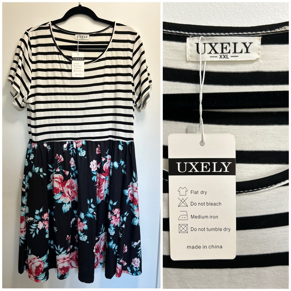 Uxely Black & White Stripe with Floral Skirted bottom Dress XL NWT